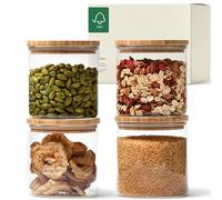 KIVY Storage Jars with Lids - 4 x 600 ml - Small Storage Jars with Bamboo Lid - Glass Storage Jars with Lid - Storage Jars Wooden Lid - Storage Jars with Lid - Glass Container
