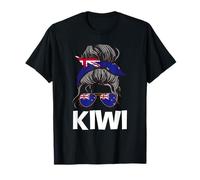 Kiwi Messy Hair Bun NZ Flag New Zealand Women And Girl T-Shirt