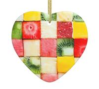 Kiwi Watermelon Print Heart Shaped Ceramic Doublesided Christmas Ornament Festive Home Xmas Tree Decor