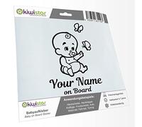 Kiwistar - Car Sticker Baby on Board - Black - Baby Butterflies - Individually Personalized with The Desired Text + on Board 15cm - Decal for Bicycle Vehicle Truck SUV