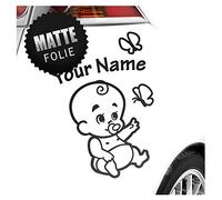 Kiwistar - Car Sticker Baby on Board - Black mat - Baby Butterflies - Individually Personalized with The Desired Text 15cm - Decal for Bicycle Vehicle Truck SUV