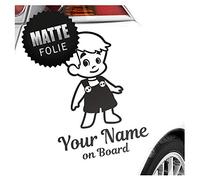 Kiwistar - Car Sticker Baby on Board - Black mat - Boy Overalls - Individually Personalized with The Desired Text + on Board 24cm - Decal for Bicycle Vehicle Truck SUV