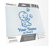 Kiwistar - Car Sticker Baby on Board - Blue - Baby Butterflies - Individually Personalized with The Desired Text + on Board 30cm - Decal for Bicycle Vehicle Truck SUV