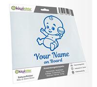 Kiwistar - Car Sticker Baby on Board - Blue - Baby Rattle - Individually Personalized with The Desired Text + on Board 15cm - Decal for Bicycle Vehicle Truck SUV