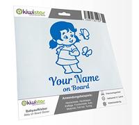 Kiwistar - Car Sticker Baby on Board - Blue - Butterfly Girl - Individually Personalized with The Desired Text + on Board 24cm - Decal for Bicycle Vehicle Truck SUV