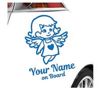 Kiwistar - Car Sticker Baby on Board - Blue - Little Angel Girl - Individually Personalized with The Desired Text + on Board 24cm - Decal for Bicycle Vehicle Truck SUV
