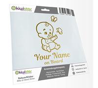 Kiwistar - Car Sticker Baby on Board - Gold - Baby Butterflies - Individually Personalized with The Desired Text + on Board 30cm - Decal for Bicycle Vehicle Truck SUV