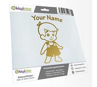 Kiwistar - Car Sticker Baby on Board - Gold - Boy Overalls - Individually Personalized with The Desired Text 15cm - Decal for Bicycle Vehicle Truck SUV