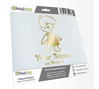Kiwistar - Car Sticker Baby on Board - Gold Chrome - Boy Overalls - Individually Personalized with The Desired Text + on Board 15cm - Decal for Bicycle Vehicle Truck SUV