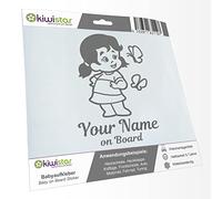 Kiwistar - Car Sticker Baby on Board - Grey - Butterfly Girl - Individually Personalized with The Desired Text + on Board 24cm - Decal for Bicycle Vehicle Truck SUV
