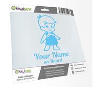 Kiwistar - Car Sticker Baby on Board - Light Blue - Boy Overalls - Individually Personalized with The Desired Text + on Board 24cm - Decal for Bicycle Vehicle Truck SUV