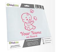 Kiwistar - Car Sticker Baby on Board - Light Rose - Baby Butterflies - Individually Personalized with The Desired Text + on Board 20cm - Decal for Bicycle Vehicle Truck SUV