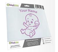 Kiwistar - Car Sticker Baby on Board - Lilac - Baby Rattle - Individually Personalized with The Desired Text 15cm - Decal for Bicycle Vehicle Truck SUV