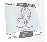 Kiwistar - Car Sticker Baby on Board - Lilac - Baby Rattle - Individually Personalized with The Desired Text + on Board 24cm - Decal for Bicycle Vehicle Truck SUV
