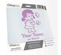 Kiwistar - Car Sticker Baby on Board - Lilac - Butterfly Girl - Individually Personalized with The Desired Text + on Board 30cm - Decal for Bicycle Vehicle Truck SUV