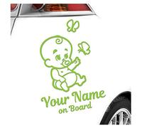 Kiwistar - Car Sticker Baby on Board - Lime Green - Baby Butterflies - Individually Personalized with The Desired Text + on Board 24cm - Decal for Bicycle Vehicle Truck SUV