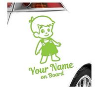 Kiwistar - Car Sticker Baby on Board - Lime Green - Boy Overalls - Individually Personalized with The Desired Text + on Board 30cm - Decal for Bicycle Vehicle Truck SUV