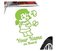 Kiwistar - Car Sticker Baby on Board - Lime Green - Butterfly Girl - Individually Personalized with The Desired Text + on Board 15cm - Decal for Bicycle Vehicle Truck SUV