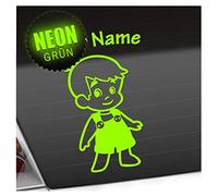 Kiwistar - Car Sticker Baby on Board - neon Green - Boy Overalls - Individually Personalized with The Desired Text 15cm - Decal for Bicycle Vehicle Truck SUV