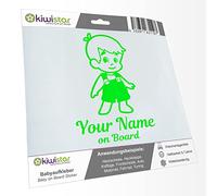 Kiwistar - Car Sticker Baby on Board - neon Green - Boy Overalls - Individually Personalized with The Desired Text + on Board 30cm - Decal for Bicycle Vehicle Truck SUV