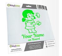 Kiwistar - Car Sticker Baby on Board - neon Green - Butterfly Girl - Individually Personalized with The Desired Text + on Board 30cm - Decal for Bicycle Vehicle Truck SUV
