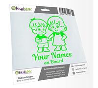 Kiwistar - Car Sticker Baby on Board - neon Green - Siblings Boy Girl - Individually Personalized with The Desired Text + on Board 15cm - Decal for Bicycle Vehicle Truck SUV