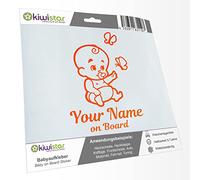 Kiwistar - Car Sticker Baby on Board - neon Orange - Baby Butterflies - Individually Personalized with The Desired Text + on Board 15cm - Decal for Bicycle Vehicle Truck SUV