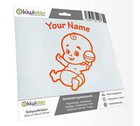 Kiwistar - Car Sticker Baby on Board - neon Orange - Baby Rattle - Individually Personalized with The Desired Text 24cm - Decal for Bicycle Vehicle Truck SUV