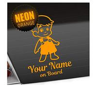 Kiwistar - Car Sticker Baby on Board - neon Orange - Boy Overalls - Individually Personalized with The Desired Text + on Board 24cm - Decal for Bicycle Vehicle Truck SUV