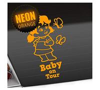 Kiwistar - Car Sticker Baby on Board - neon Orange - Butterfly Girl - Baby on Tour 30cm - Decal for Bicycle Vehicle Truck SUV