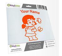 Kiwistar - Car Sticker Baby on Board - neon Orange - Butterfly Girl - Individually Personalized with The Desired Text 30cm - Decal for Bicycle Vehicle Truck SUV