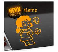 Kiwistar - Car Sticker Baby on Board - neon Orange - Butterfly Girl - Individually Personalized with The Desired Text 20cm - Decal for Bicycle Vehicle Truck SUV