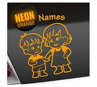 Kiwistar - Car Sticker Baby on Board - neon Orange - Siblings Boy Girl - Individually Personalized with The Desired Text 24cm - Decal for Bicycle Vehicle Truck SUV