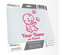 Kiwistar - Car Sticker Baby on Board - neon Pink - Baby Butterflies - Individually Personalized with The Desired Text + on Board 24cm - Decal for Bicycle Vehicle Truck SUV