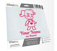 Kiwistar - Car Sticker Baby on Board - neon Pink - Girl Braids Heart Stickers - Individually Personalized with The Desired Text + on Board 20cm - Decal for Bicycle Vehicle Truck SUV