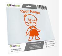 Kiwistar - Car Sticker Baby on Board - Orange - Boy Overalls - Individually Personalized with The Desired Text 15cm - Decal for Bicycle Vehicle Truck SUV
