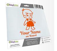 Kiwistar - Car Sticker Baby on Board - Orange - Boy Overalls - Individually Personalized with The Desired Text + on Board 20cm - Decal for Bicycle Vehicle Truck SUV