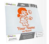 Kiwistar - Car Sticker Baby on Board - Orange - Butterfly Girl - Individually Personalized with The Desired Text + on Board 20cm - Decal for Bicycle Vehicle Truck SUV
