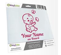 Kiwistar - Car Sticker Baby on Board - Pink - Baby Butterflies - Individually Personalized with The Desired Text + on Board 30cm - Decal for Bicycle Vehicle Truck SUV