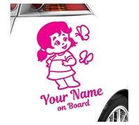 Kiwistar - Car Sticker Baby on Board - Pink - Butterfly Girl - Individually Personalized with The Desired Text + on Board 15cm - Decal for Bicycle Vehicle Truck SUV