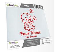 Kiwistar - Car Sticker Baby on Board - red - Baby Butterflies - Individually Personalized with The Desired Text + on Board 20cm - Decal for Bicycle Vehicle Truck SUV