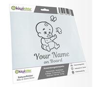 Kiwistar - Car Sticker Baby on Board - Silver - Baby Butterflies - Individually Personalized with The Desired Text + on Board 20cm - Decal for Bicycle Vehicle Truck SUV