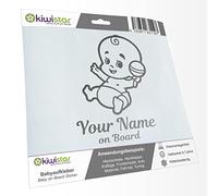 Kiwistar - Car Sticker Baby on Board - Silver - Baby Rattle - Individually Personalized with the Desired Text + on Board 20cm - Decal for Bicycle Vehicle Truck SUV