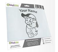 Kiwistar - Car Sticker Baby on Board - Silver - cappy Dog boy - Individually Personalized with The Desired Text 20cm - Decal for Bicycle Vehicle Truck SUV