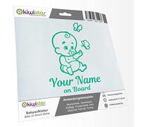 Kiwistar - Car Sticker Baby on Board - Turquoise - Baby Butterflies - Individually Personalized with The Desired Text + on Board 24cm - Decal for Bicycle Vehicle Truck SUV