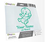 Kiwistar - Car Sticker Baby on Board - Turquoise - Baby Rattle - Individually Personalized with the Desired Text + on Board 20cm - Decal for Bicycle Vehicle Truck SUV
