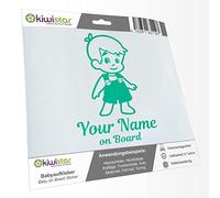Kiwistar - Car Sticker Baby on Board - Turquoise - Boy Overalls - Individually Personalized with The Desired Text + on Board 15cm - Decal for Bicycle Vehicle Truck SUV