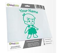 Kiwistar - Car Sticker Baby on Board - Turquoise - Boy Overalls - Individually Personalized with The Desired Text 15cm - Decal for Bicycle Vehicle Truck SUV