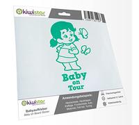 Kiwistar - Car Sticker Baby on Board - Turquoise - Butterfly Girl - Baby on Tour 24cm - Decal for Bicycle Vehicle Truck SUV