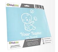 Kiwistar - Car Sticker Baby on Board - White - Baby Butterflies - Individually Personalized with The Desired Text + on Board 30cm - Decal for Bicycle Vehicle Truck SUV